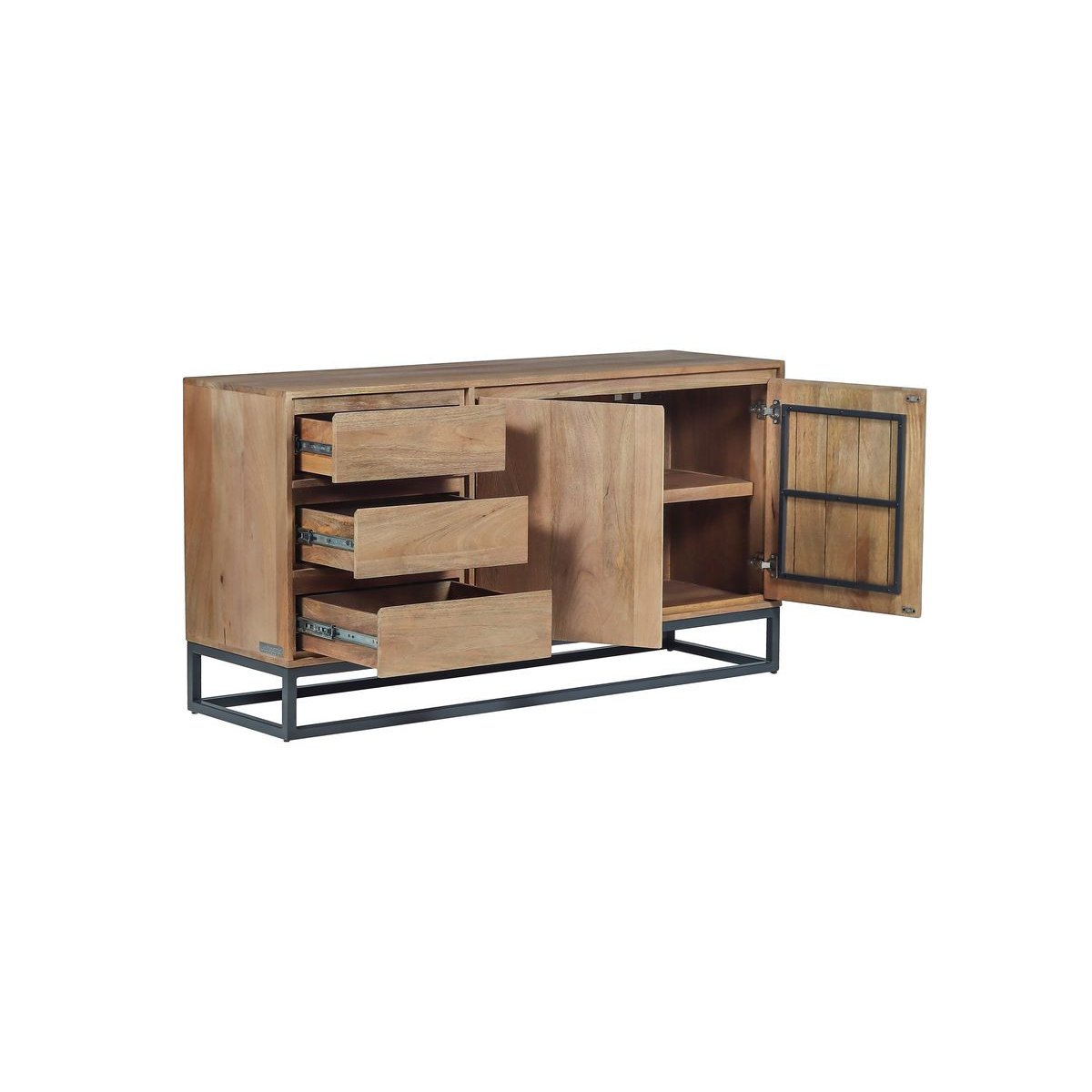 Buffet bas en bois massif 2 portes 3 tiroirs 150 cm, BERGERAC marron clair, BOBOCHIC