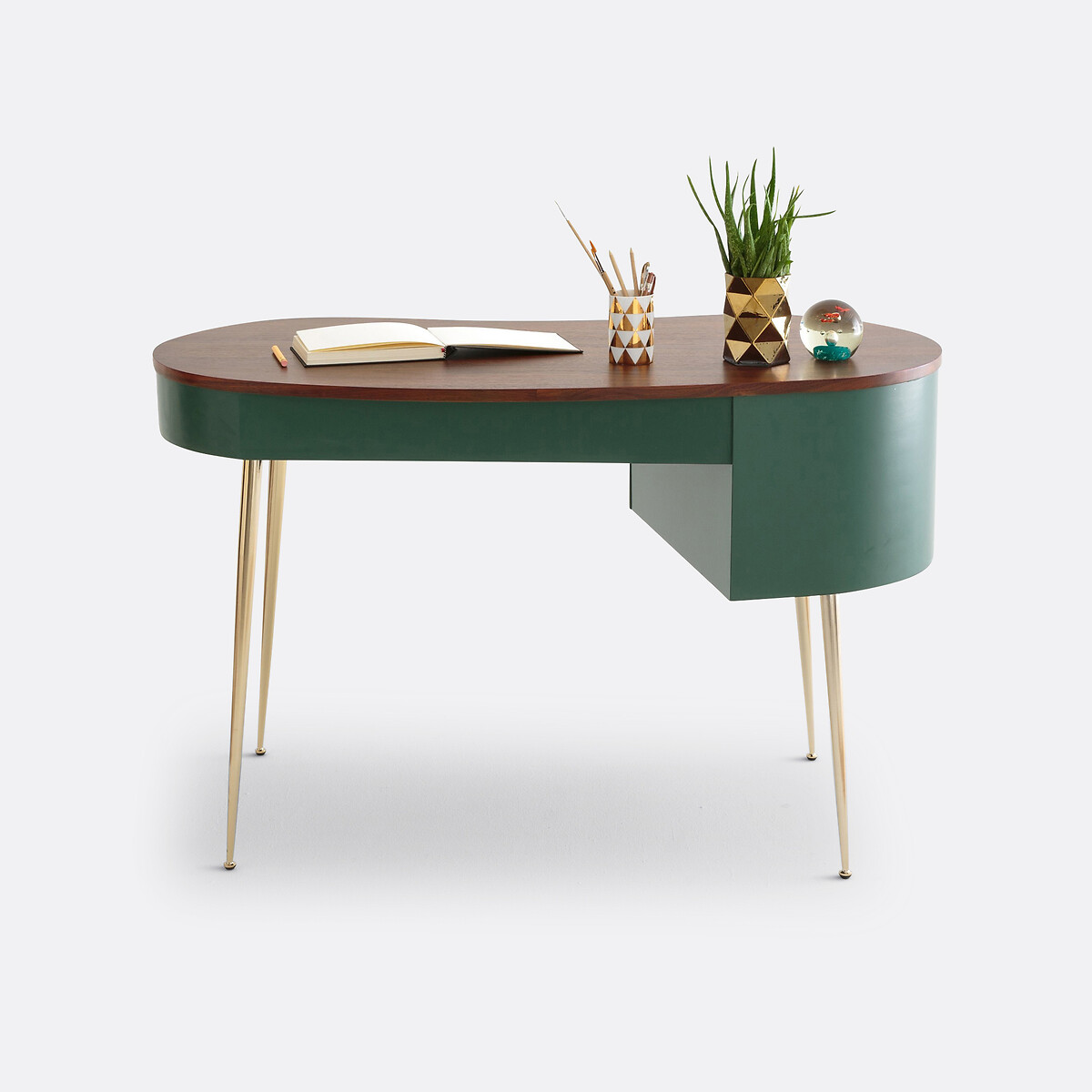 Secretária vintage, folheado de nogueira, Topim verde/nogueira, LA REDOUTE INTERIEURS