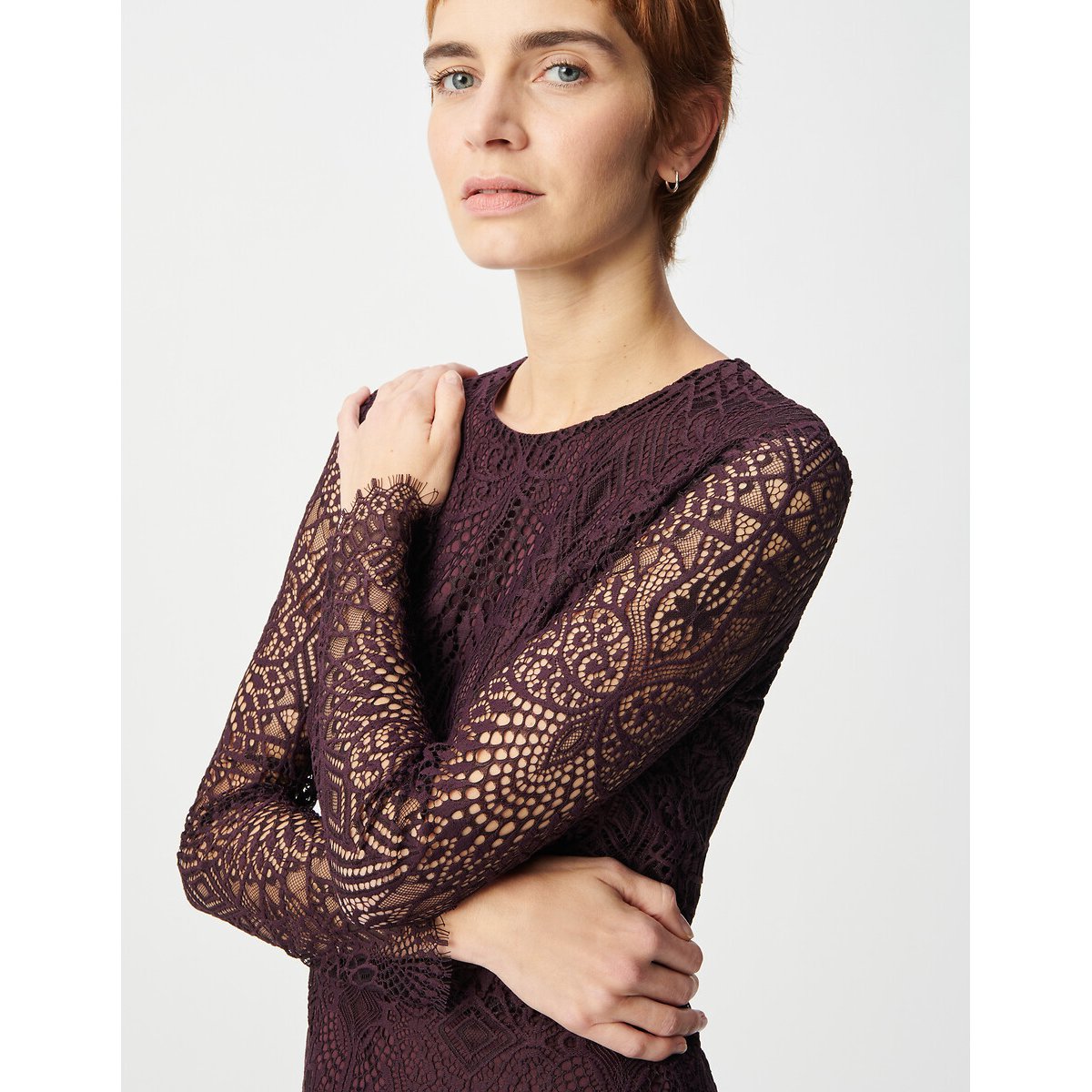 Vestido comprido de renda com gola redonda bordeaux, IKKS