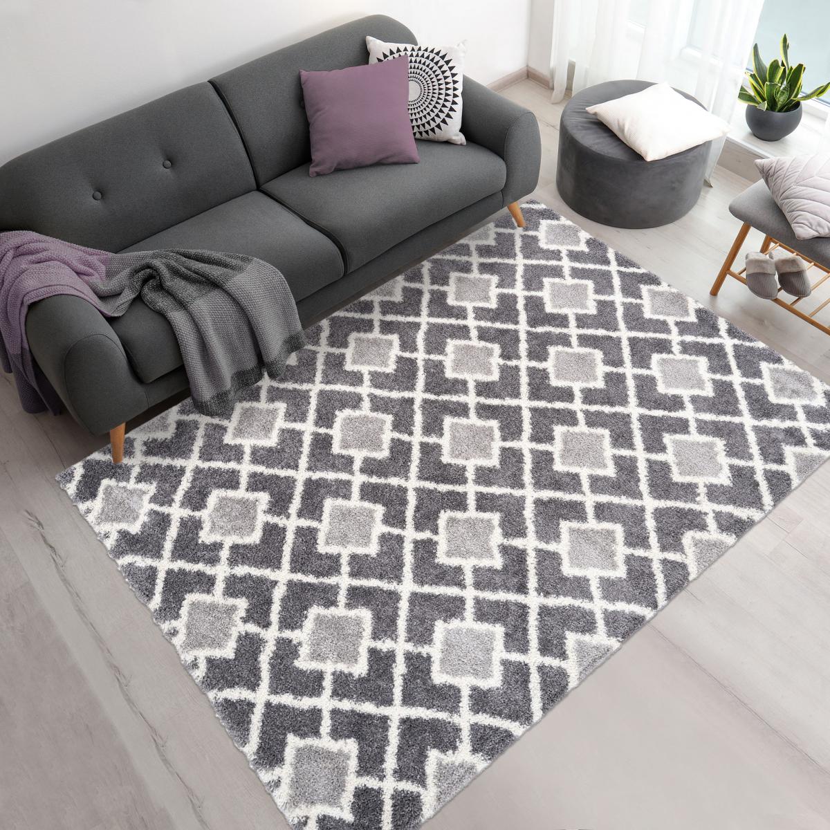 Tapis longs poils shaggy tissé motif scandinave DIROP gris, blanc, UN AMOUR DE TAPIS