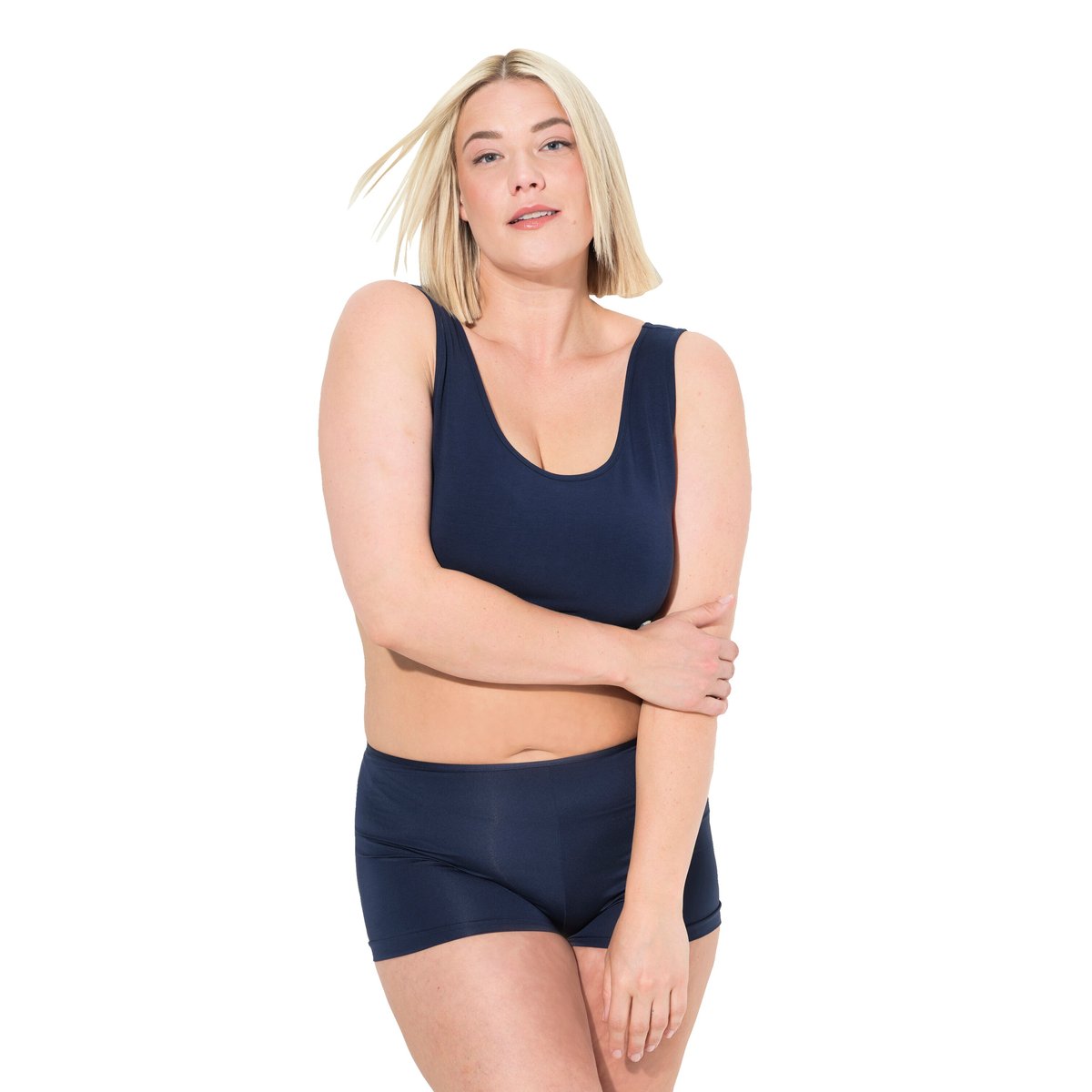 Shorty bien-être avec empiècement en satin bleu nuit, ULLA POPKEN