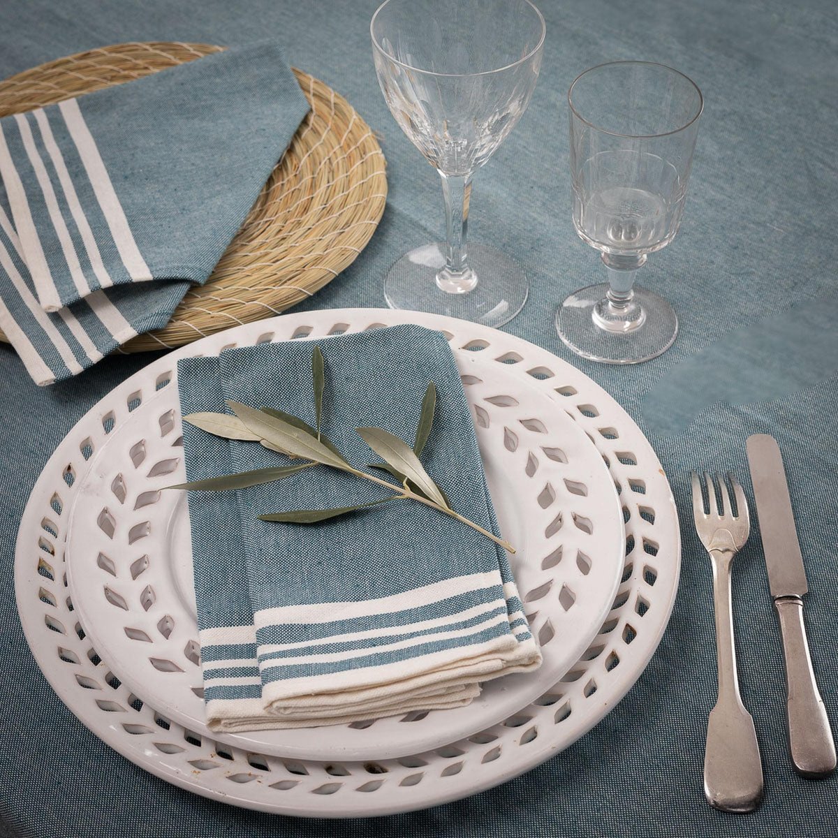 Nappe + 4 serviettes coton MAHDIA bleu pétrole, FEBRONIE