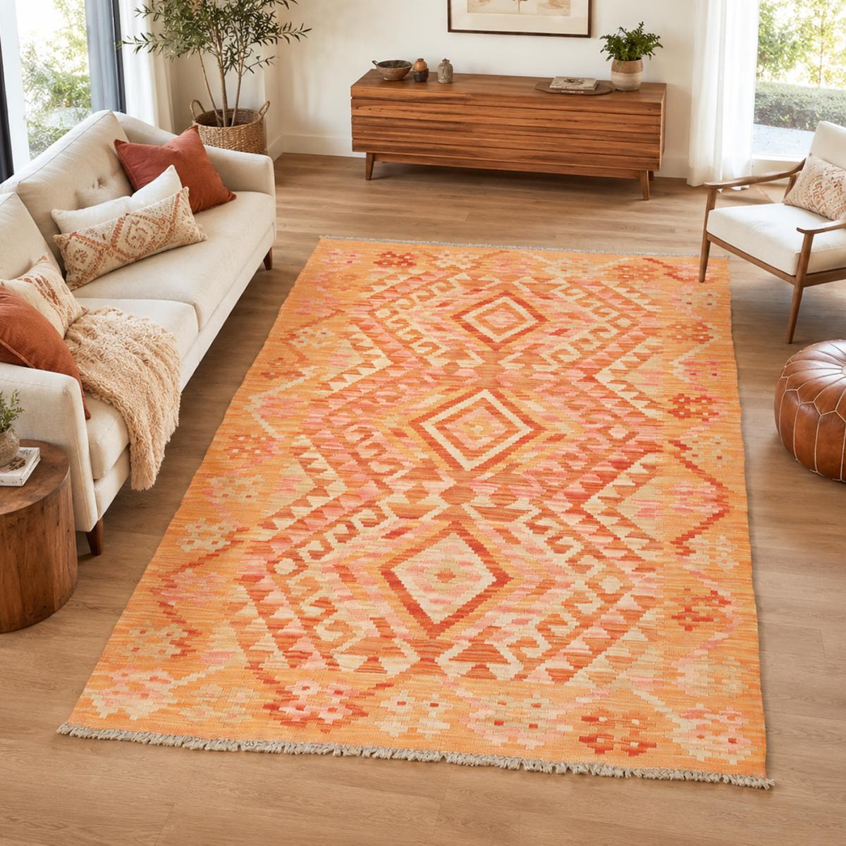 Tapis kilim, motif géométrique, tissé plat en laine, KILIM 37 orange, rose, rouge, UN AMOUR DE TAPIS