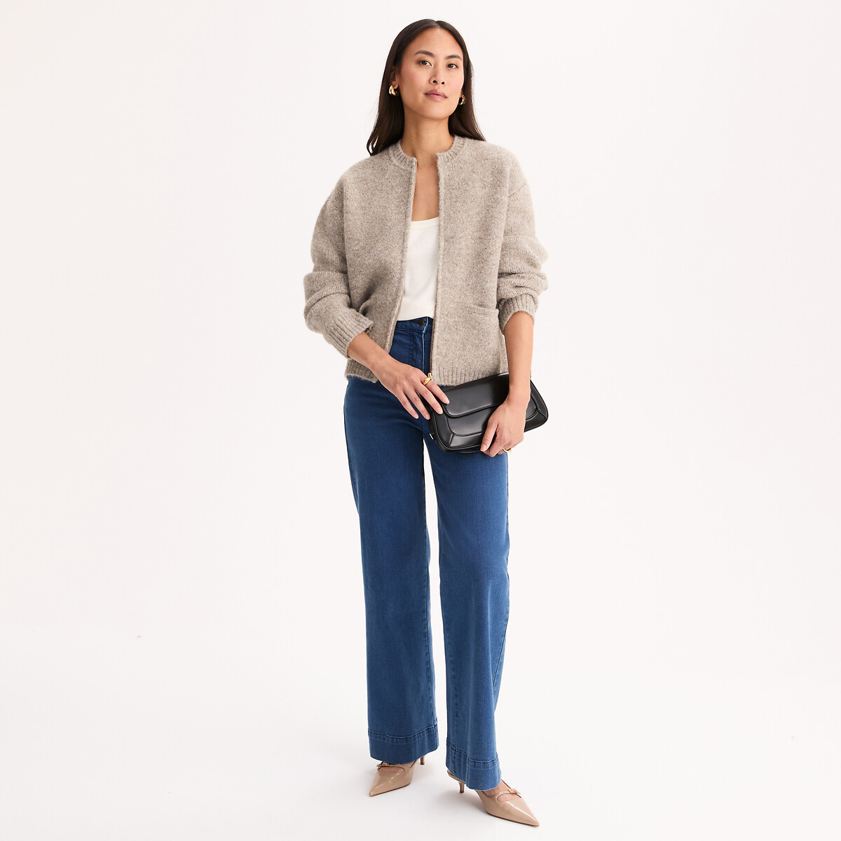 Chunky Knit Crew Neck Zip-Up Cardigan beige marl, ANNE WEYBURN