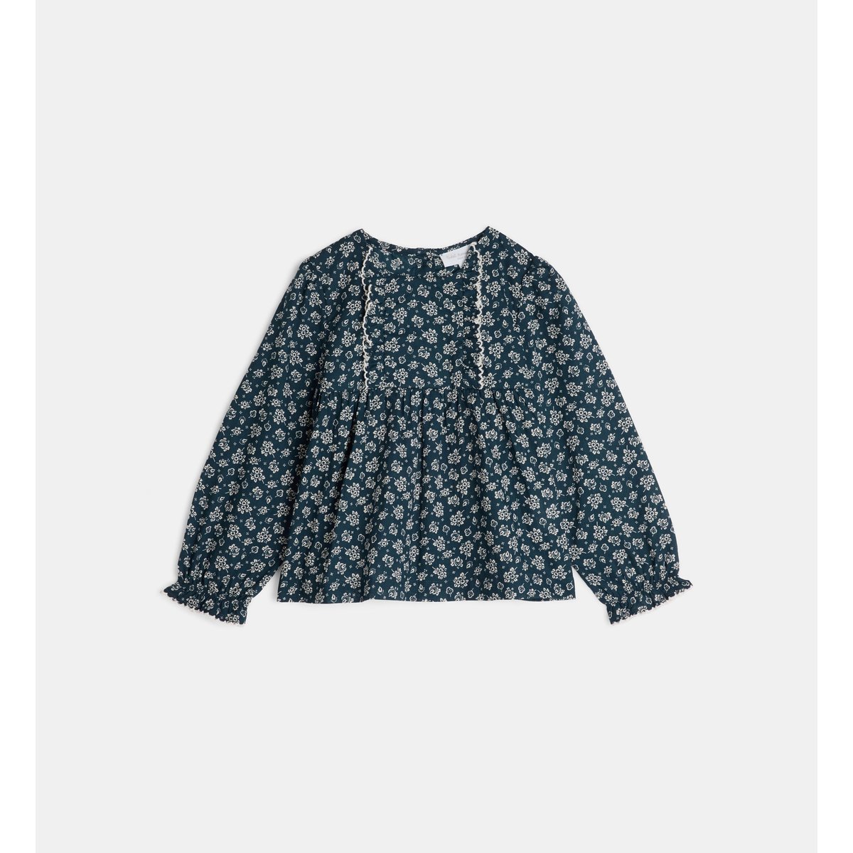 Blouse évasée tabote popeline coton bio bleu et écru, CADET ROUSSELLE