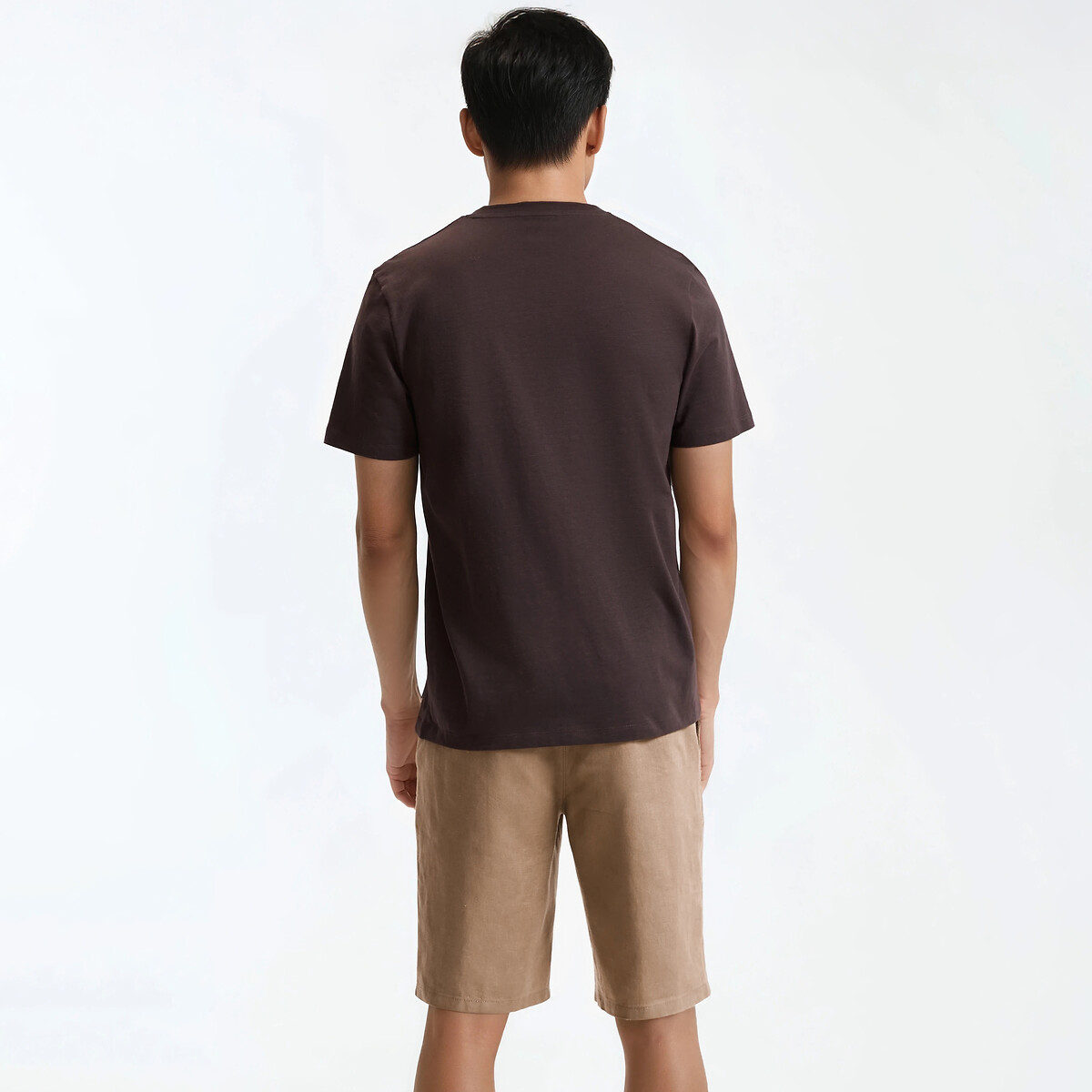 T-shirt col rond, fit regular, en coton slub marron, LA REDOUTE COLLECTIONS