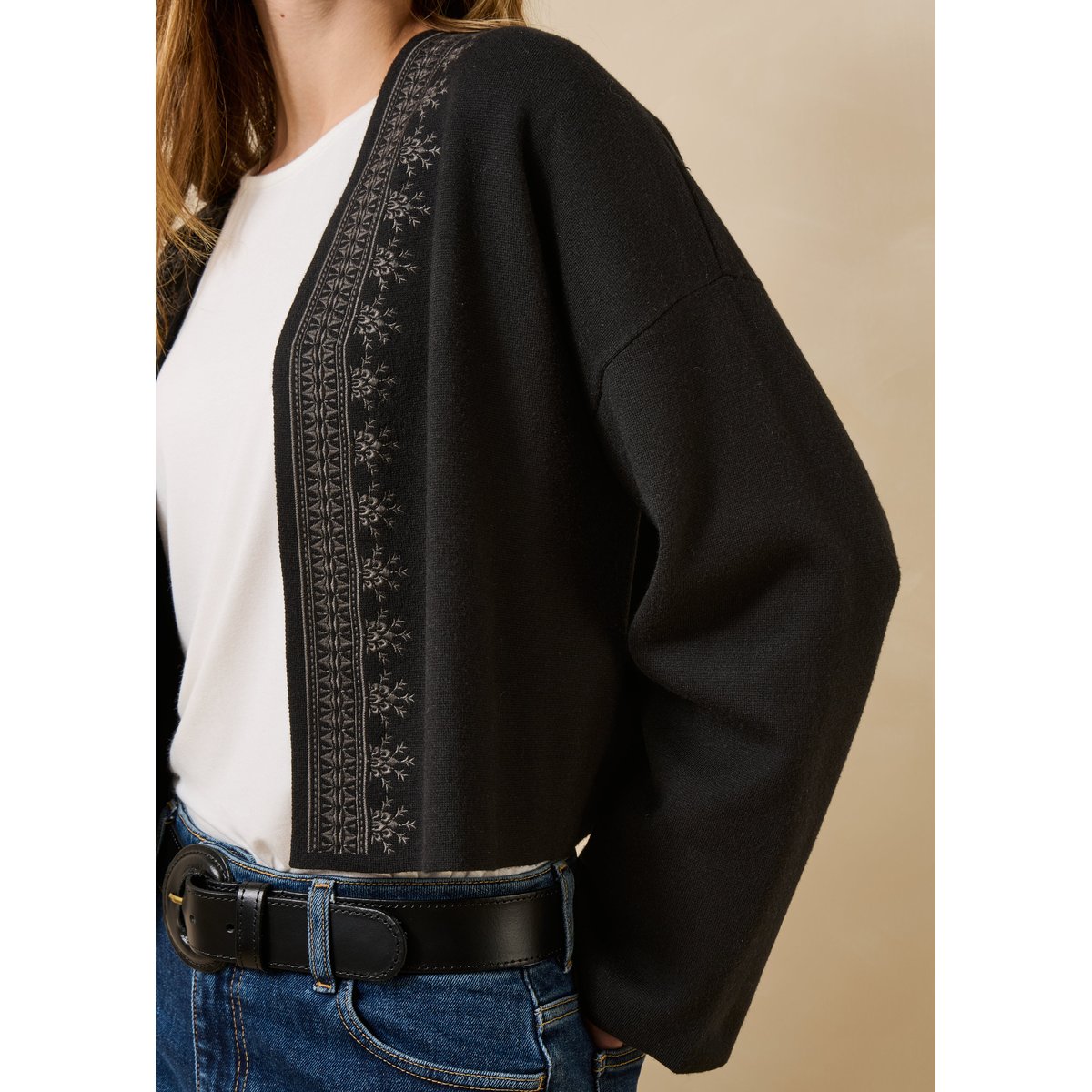 Gilet court et ample manches longues en milano noir/kaki, LA FEE MARABOUTEE