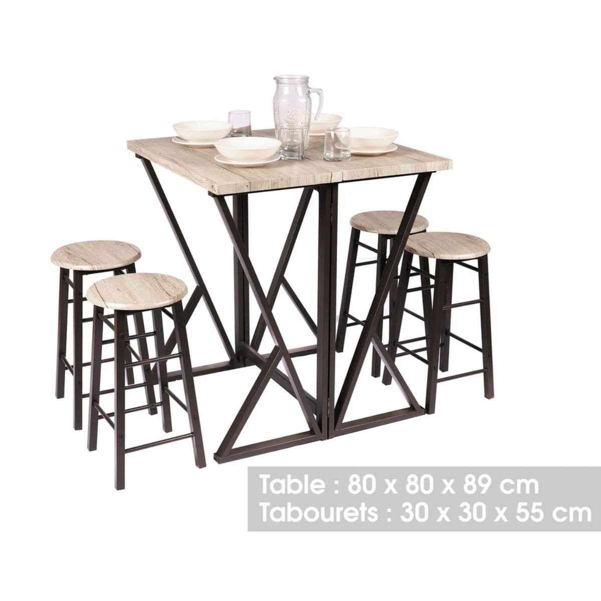 Table de bar pliante avec 4 tabourets design industriel DOCK noir, URBAN LIVING