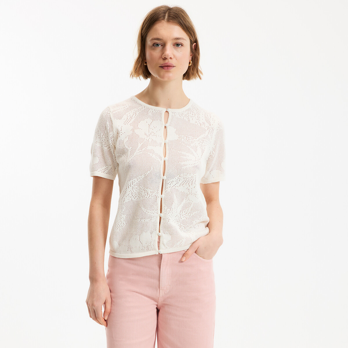Cardigan court, col rond, en fine maille ajourée, boutonné ecru, LA REDOUTE COLLECTIONS