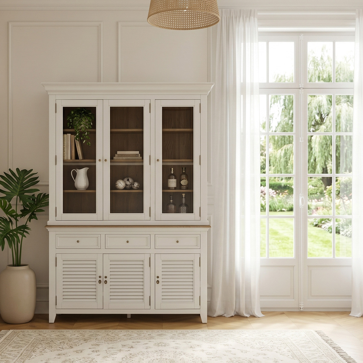 Vaisselier style shabby chic, plateau en chêne, 6 portes, 3 tiroirs EDEN blanc, ROBIN DES BOIS