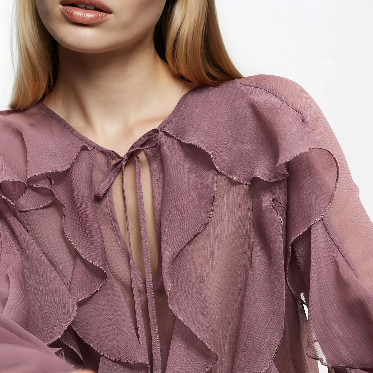 Chemise col rond, volantée, manches longues rose poudré, LA REDOUTE COLLECTIONS