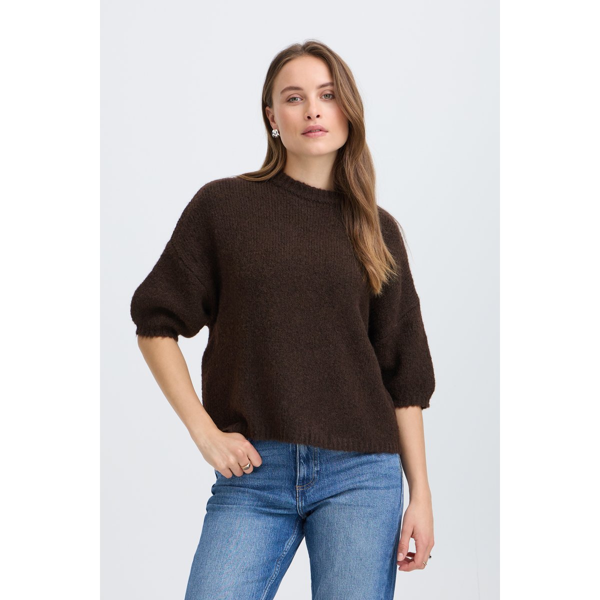 Pull en maille manches 3/4 marron java, B.YOUNG