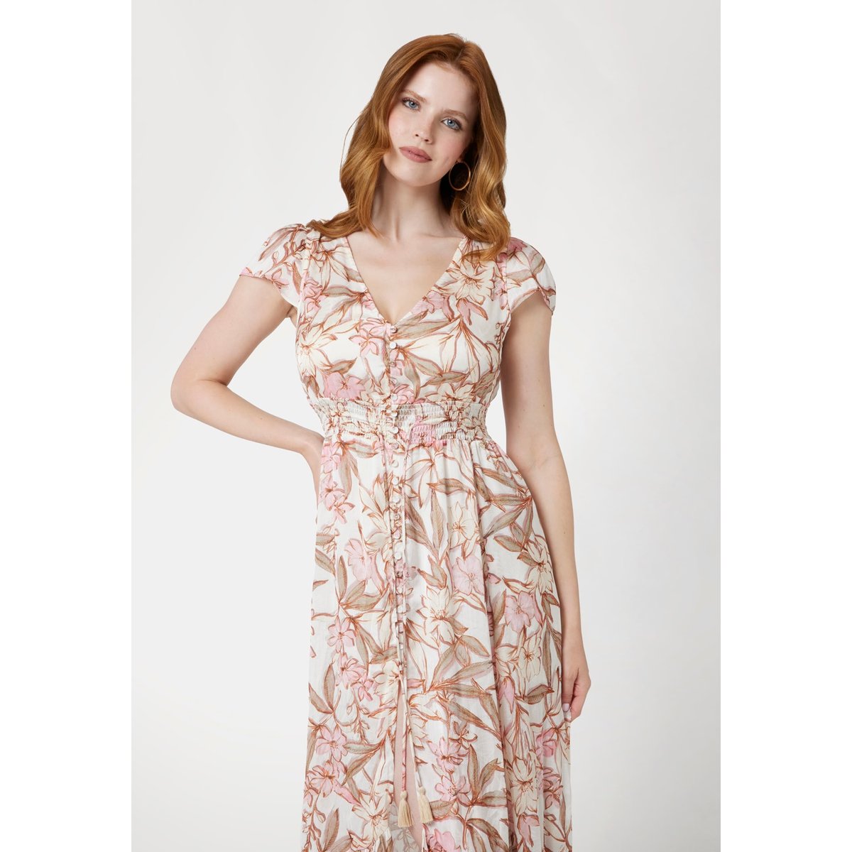 Robe Longue Jacquard Froissé rose floral, GUESS