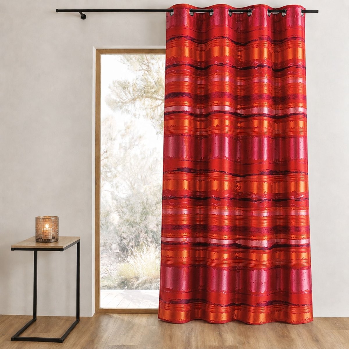 Rideau jacquard coloré rayé rouge orangé, HOME MAISON