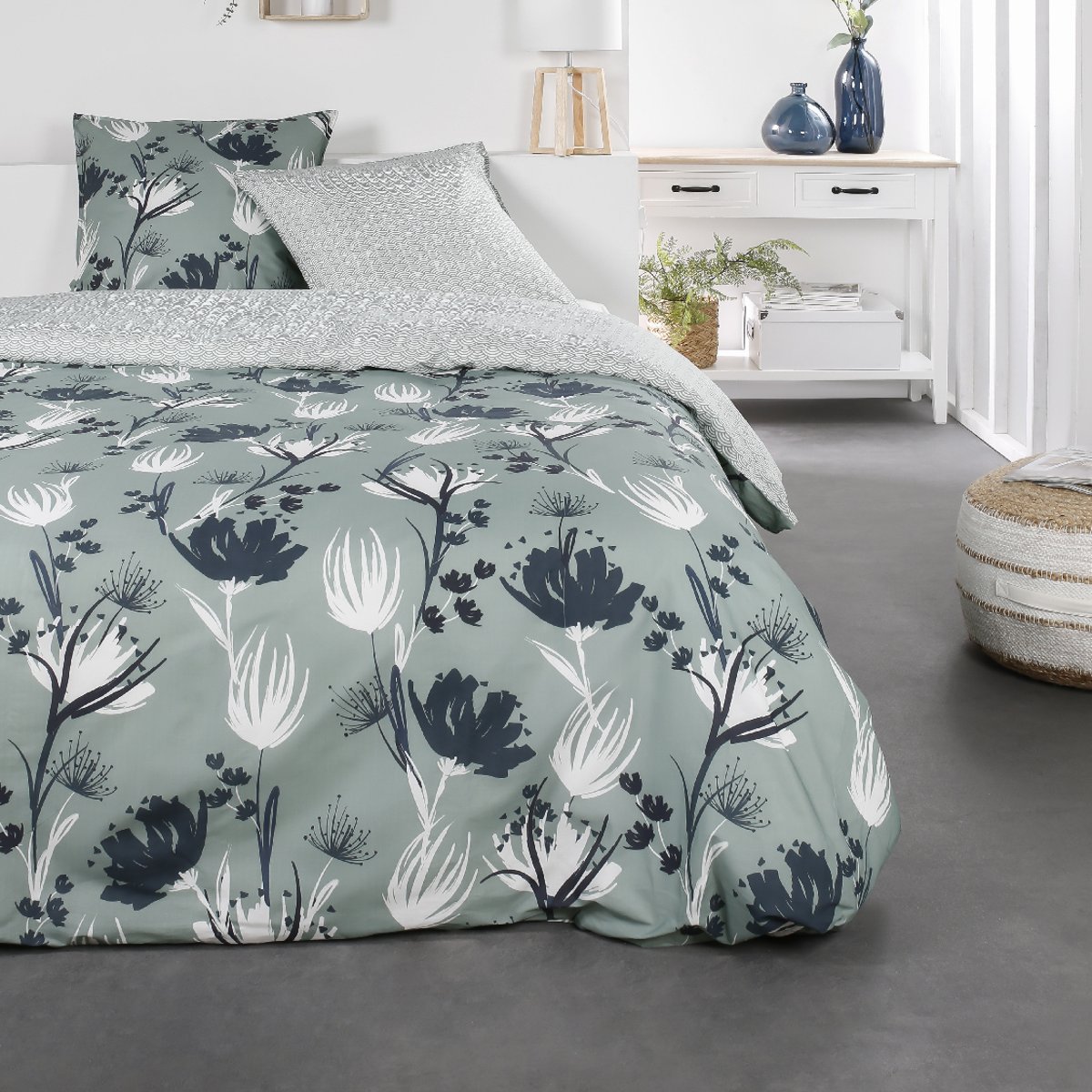 Parure de lit 2 personnes imprimé floral coton SUNSHINE ILA vert, TODAY