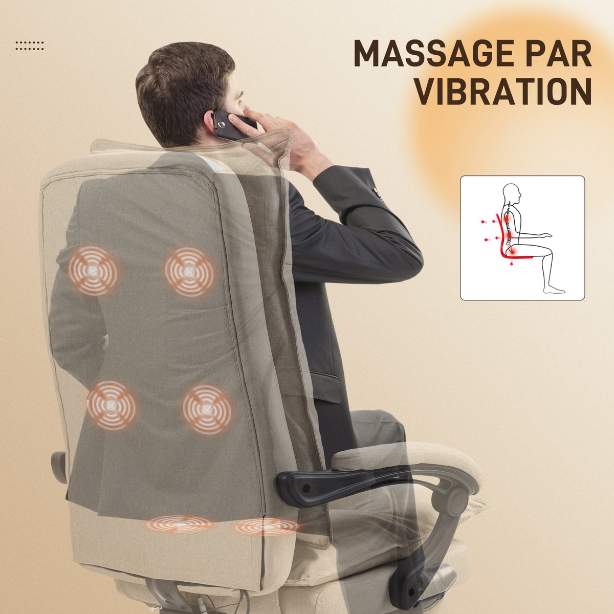 Fauteuil de bureau avec fonction massage Lin beige, HOMCOM