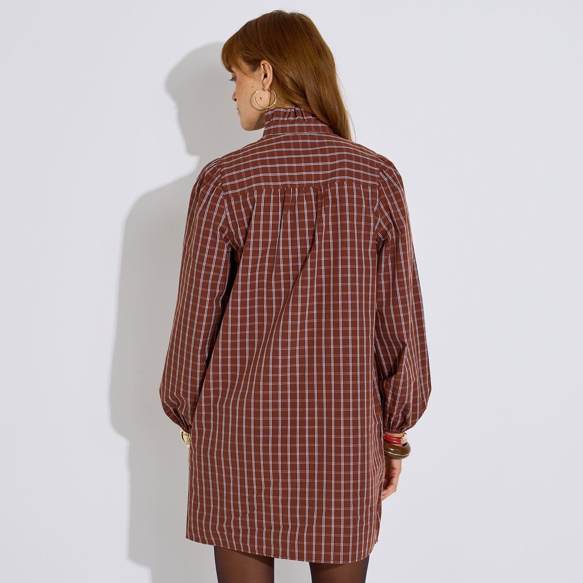 Robe courte à carreaux col volanté marron chocolat, GRAIN DE MALICE