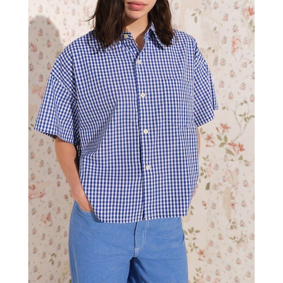 Camicia ampia a quadretti a maniche corte, EKIROW vichy blu, AMERICAN VINTAGE