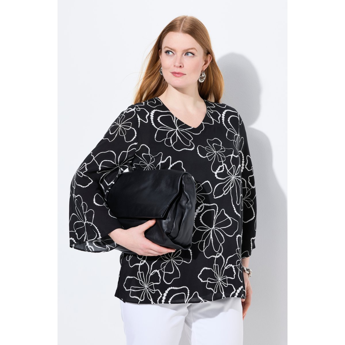 Blouse doublée. Encolure V et manches longues noir, ULLA POPKEN