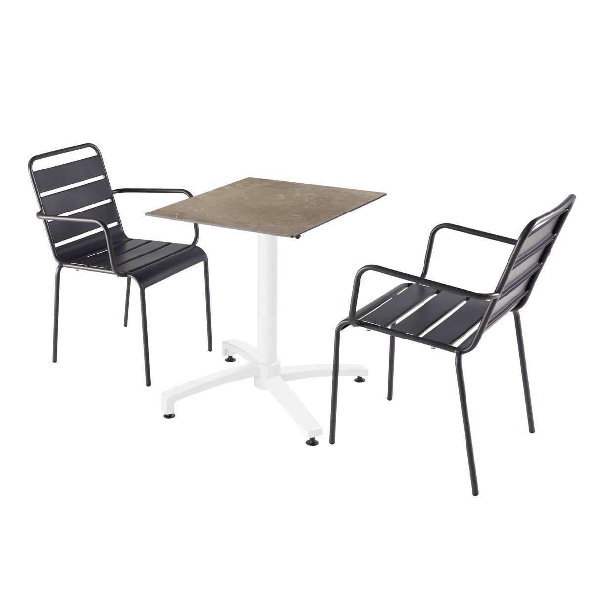 Table 60x60 cm inclinable stratifiée avec pied blanc et chaises en métal, OPERA gris, OVIALA