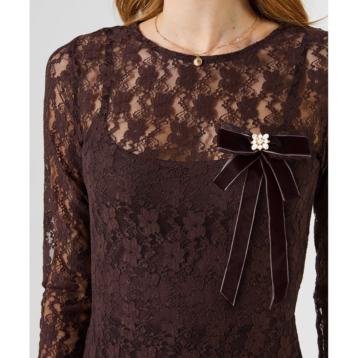 Robe Longue en Dentelle à Manches Longues Bella marron, JOE BROWNS