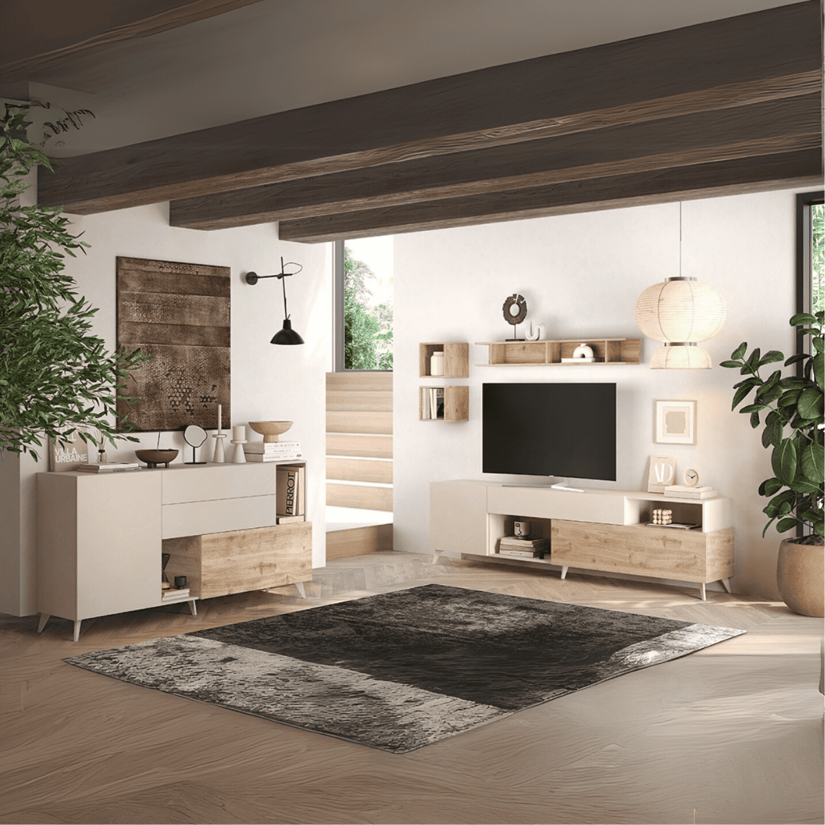 Buffet 2 portes, 2 tiroirs, 2 niches et 2 étagères L181 cm - MALA beige / chêne, CALICOSY