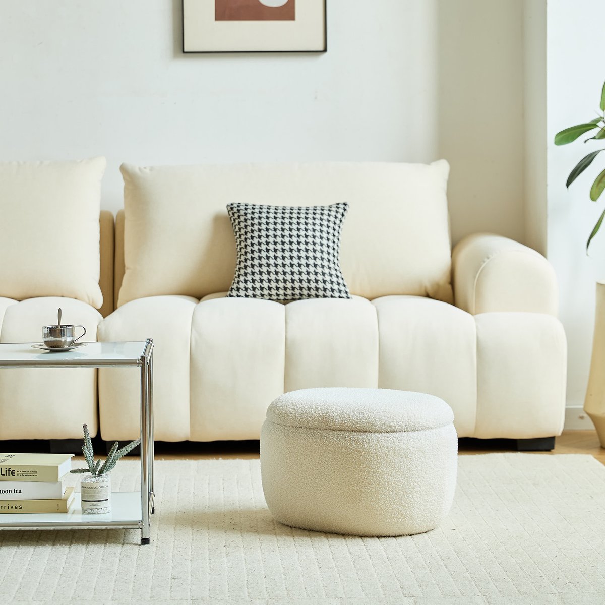 Pouf, table basse avec rangement, bouclette, VASA blanc cassé, NORDLYS