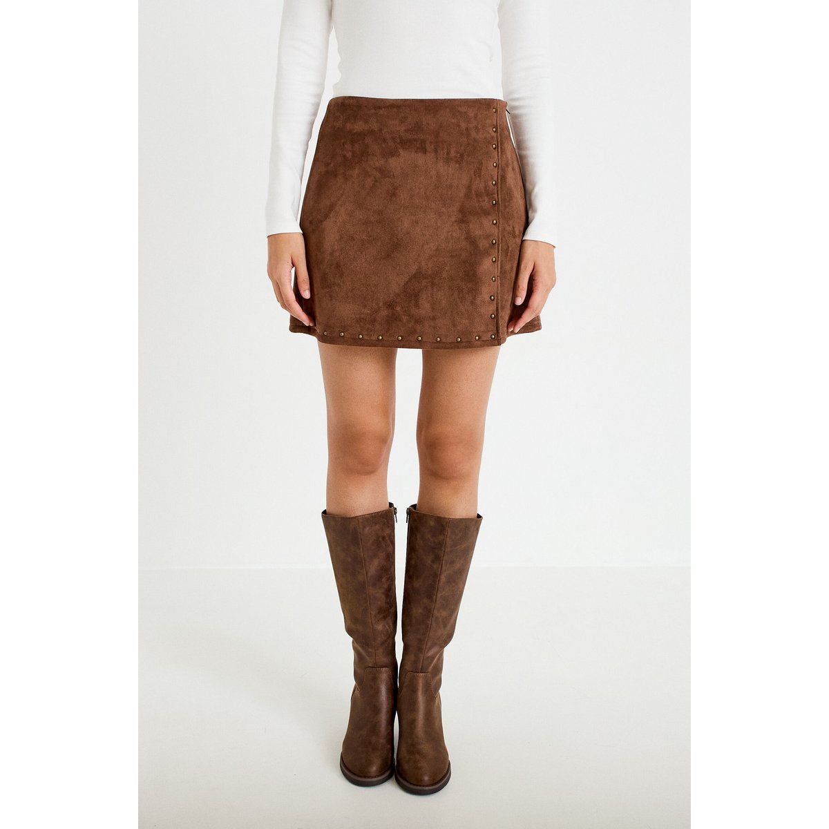 Jupe-short trapèze taille haute daim marron, CACHE CACHE
