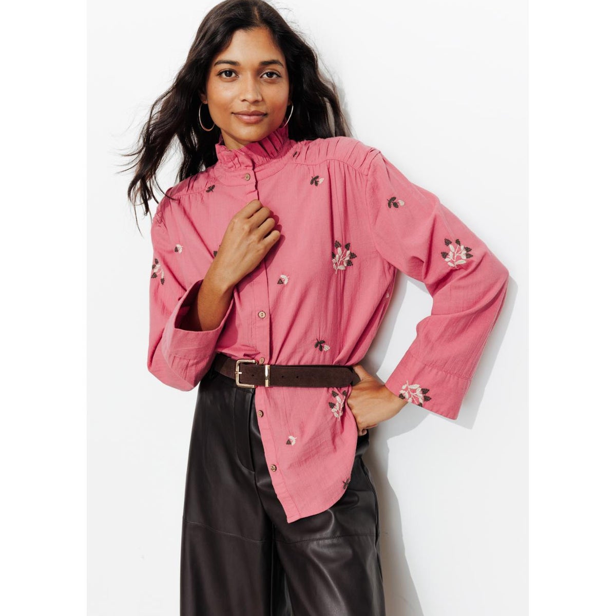 Chemise brodée col Victorien rose, PROMOD
