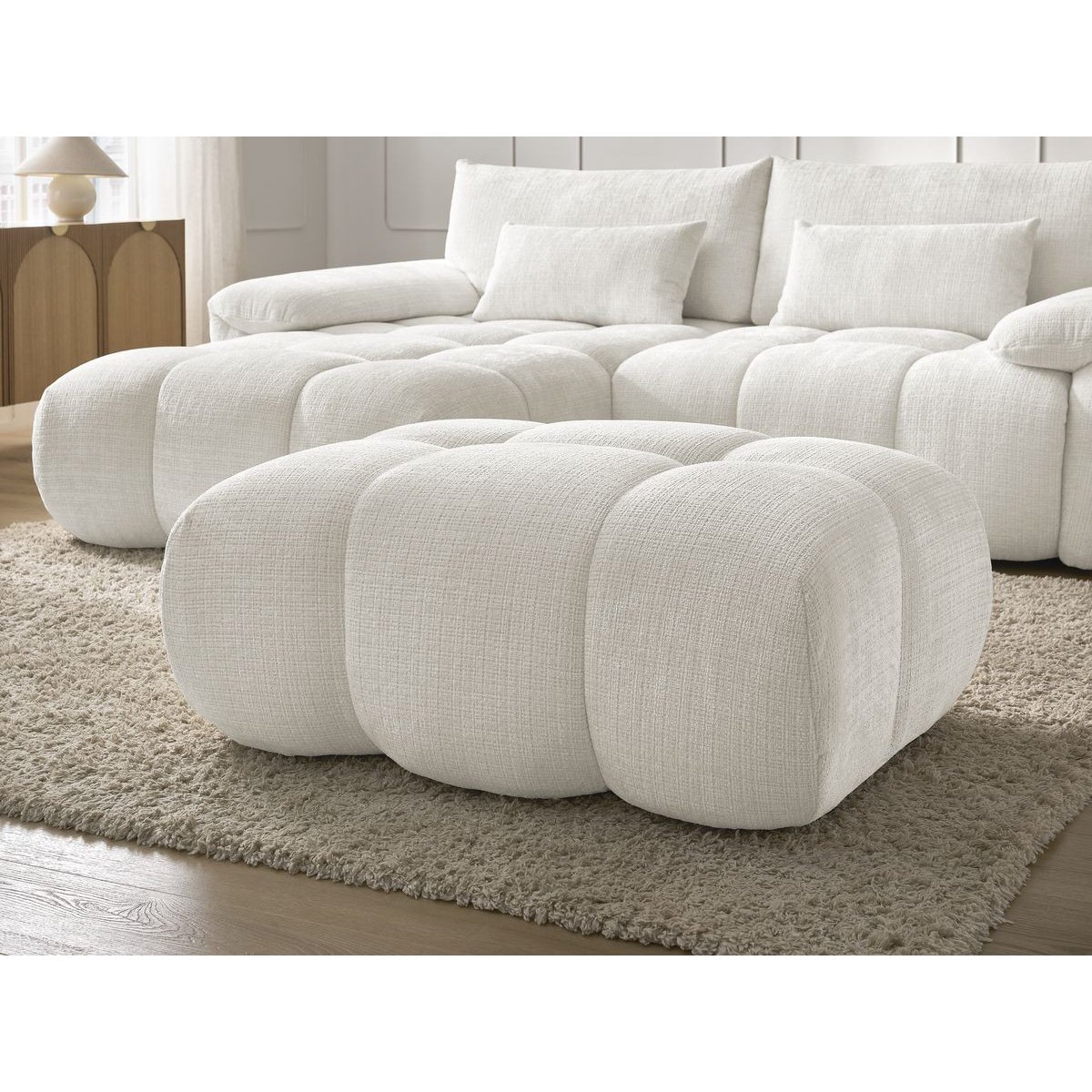 Canapé d'angle fixe 4 places en tissu texturé, IVANE blanc, BOBOCHIC