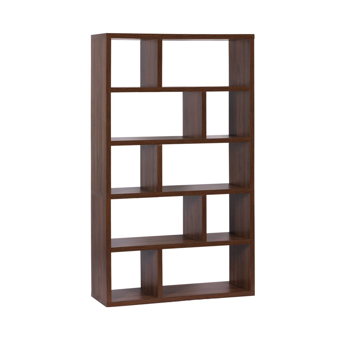 Etagère bibliothèque décor bois asymétrique 5 niveaux 10 compartiments BASIKS noyer, SWEEEK