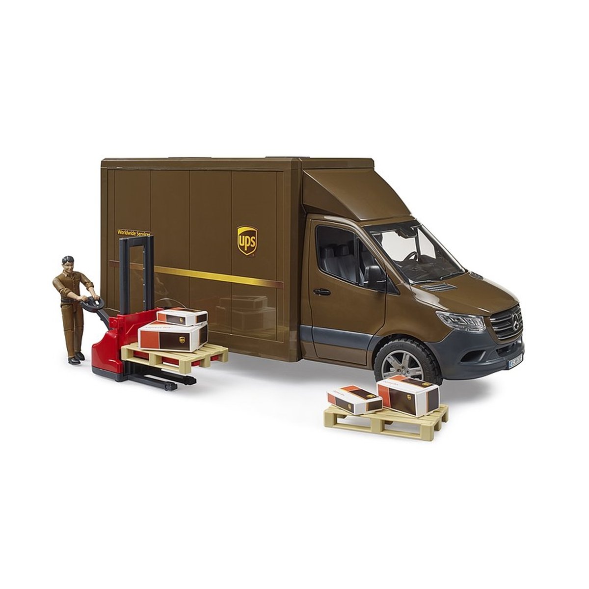 Camion UPS Mercedes Benz Sprinter avec conducteur et accessoires v019845, BRUDER
