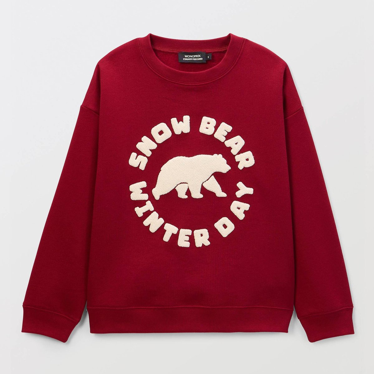 Sweat col rond doublé sherpa avec broderie en coton bordeaux, MONOPRIX