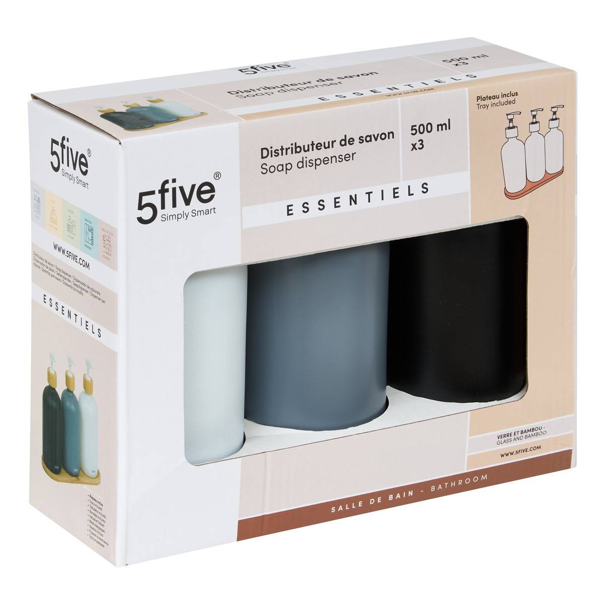 Lot de 3 distributeurs de savon 500 ml avec plateau bambou multicolore, 5FIVE SIMPLY SMART