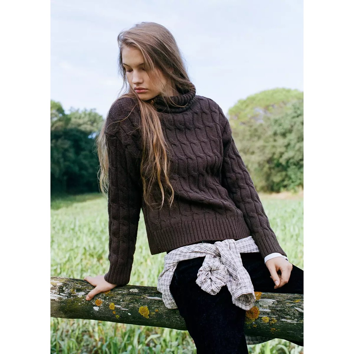 Pull-over torsades col roulé marron, MANGO TEEN
