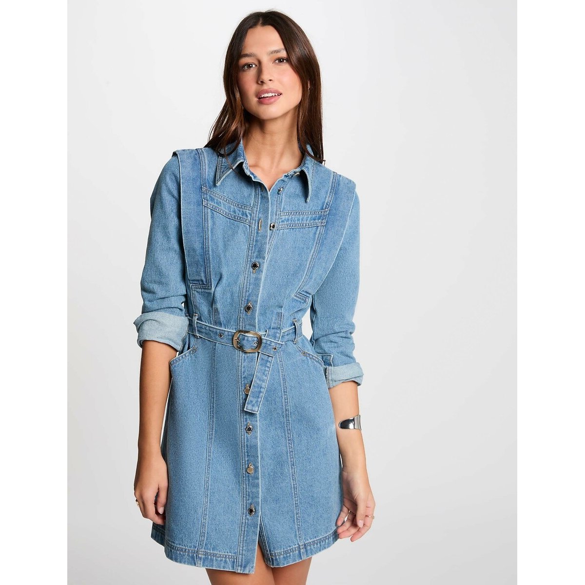 Robe ajustée boutonnée en jean stone, MORGAN
