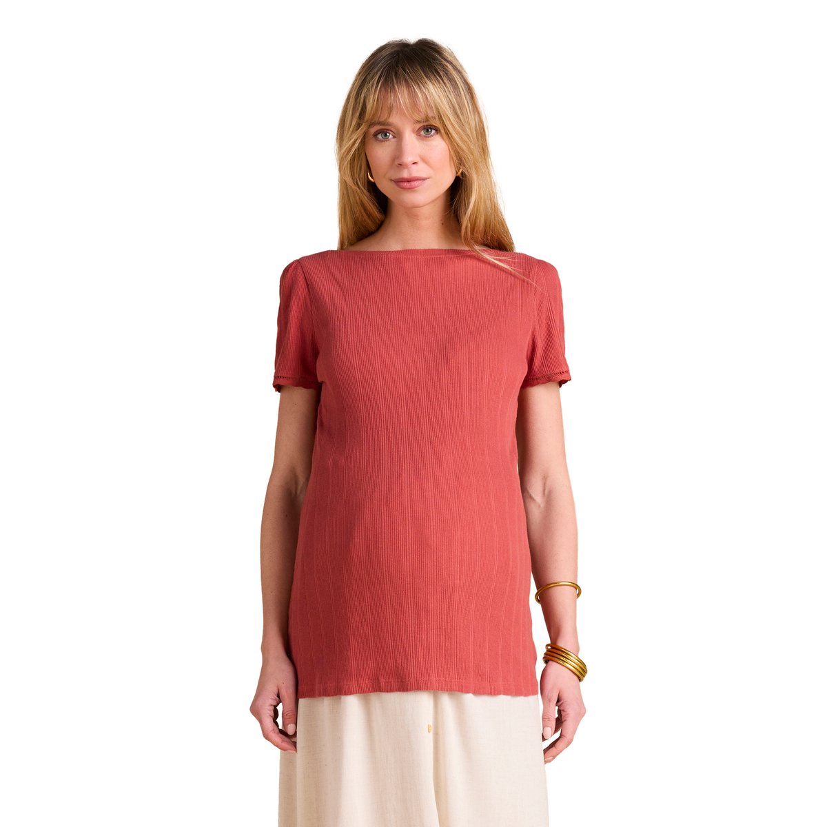 Tee-shirt de grossesse décolleté dos maille désaiguillée terracotta, ENVIE DE FRAISE