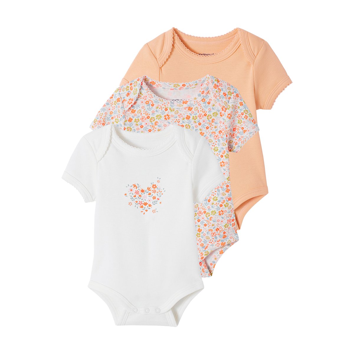 Lot de 3 bodies évolutifs en coton biologique abricot poudré, VERTBAUDET