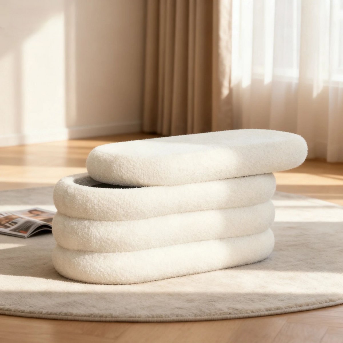Banc coffre en tissu bouclette L85cm- MIRO blanc, DRAWER