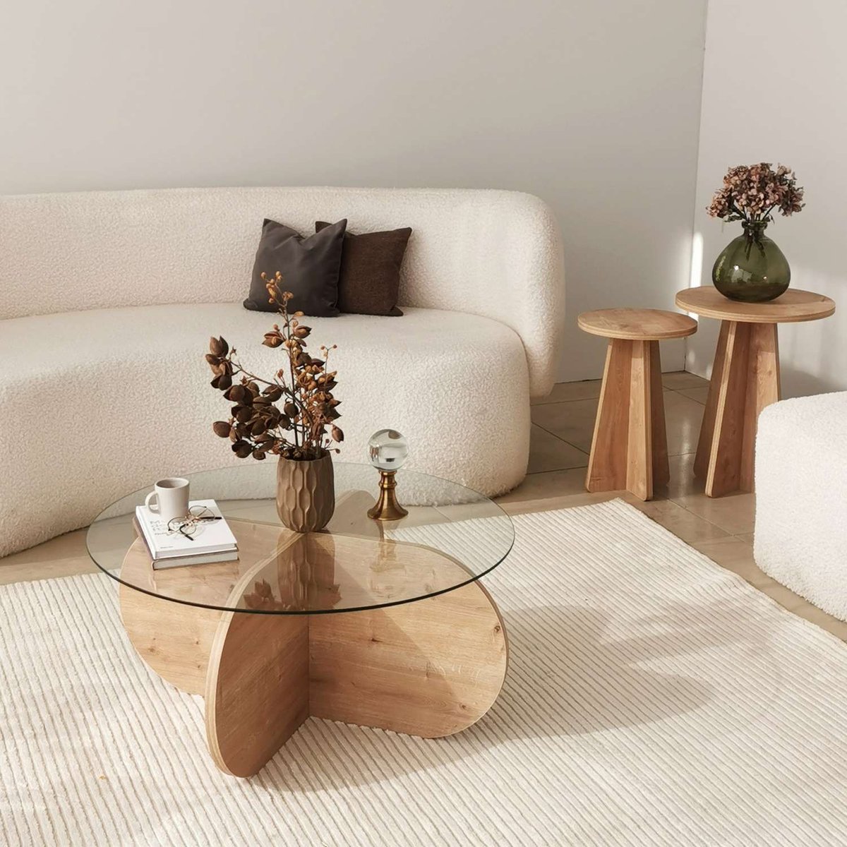 Table basse ronde avec plateau en verre LUMINIX beige, TOILINUX