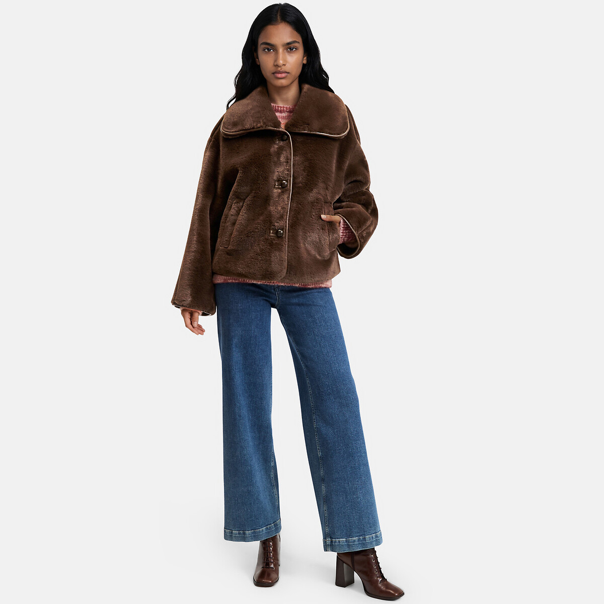 Manteau court duveteux, à col montant marron, LA REDOUTE COLLECTIONS