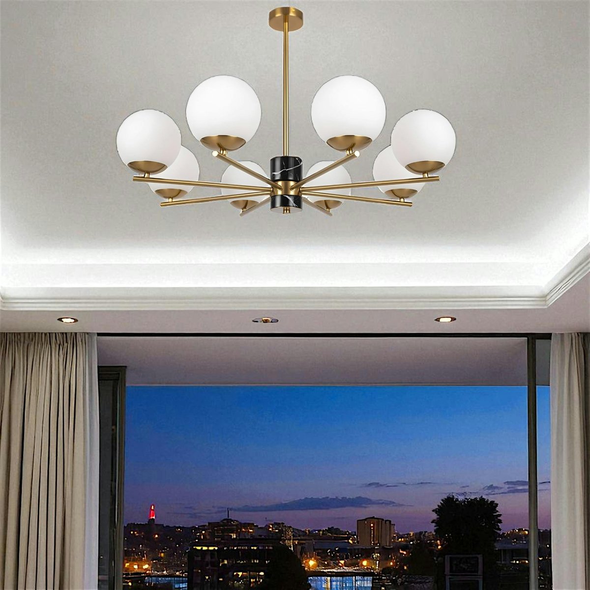 Suspension moderne – 8 globes & marbre noir DELTONA doré, PIER IMPORT