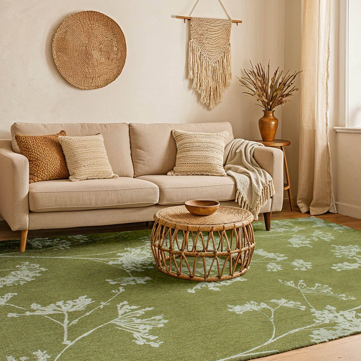 Tapis intérieur extérieur, PARSLEY vert olive motif floral blanc cassé, RECOLLECTION