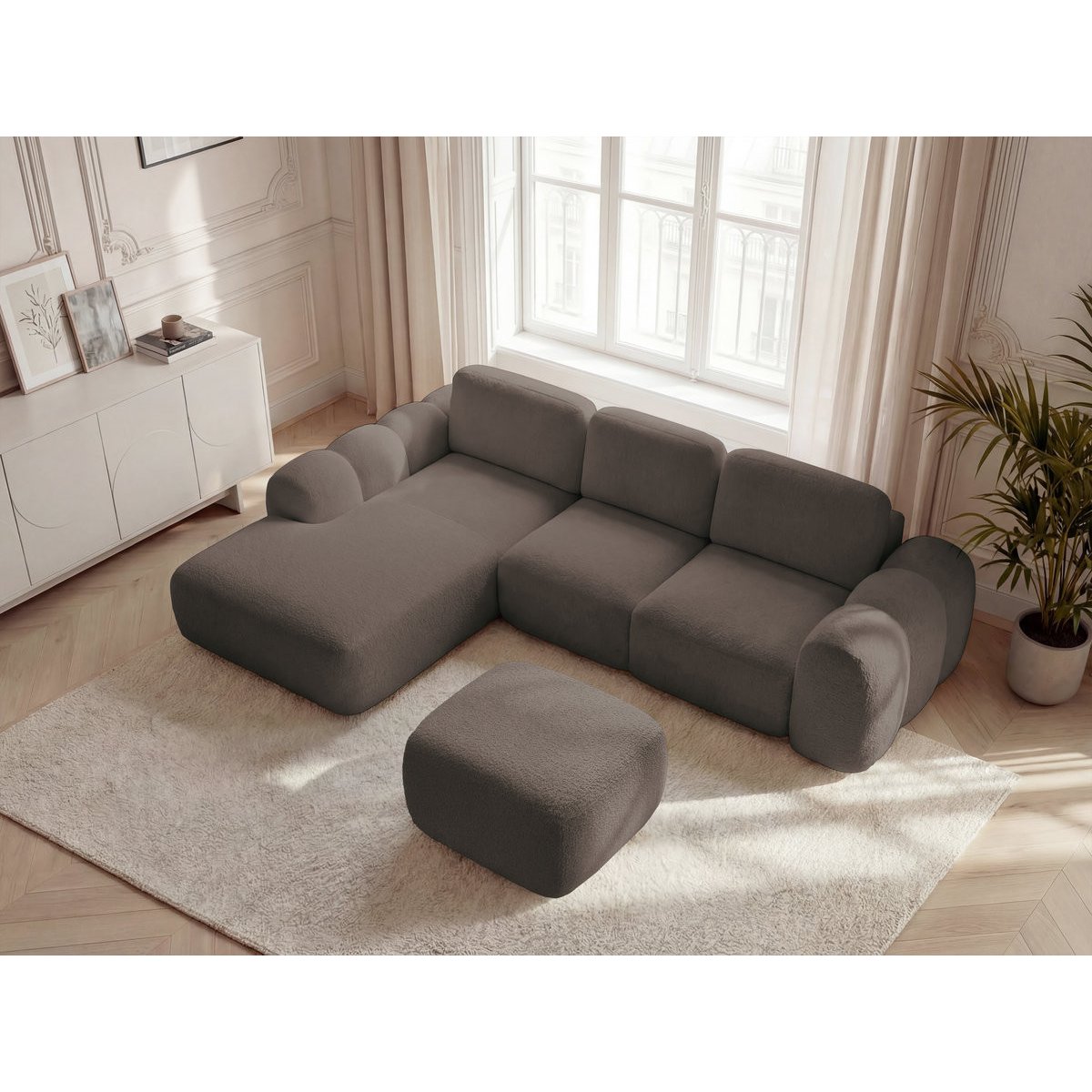 Canapé d'angle convertible 3 places en tissu bouclette avec pouf, MONTAIGNE marron, BOBOCHIC