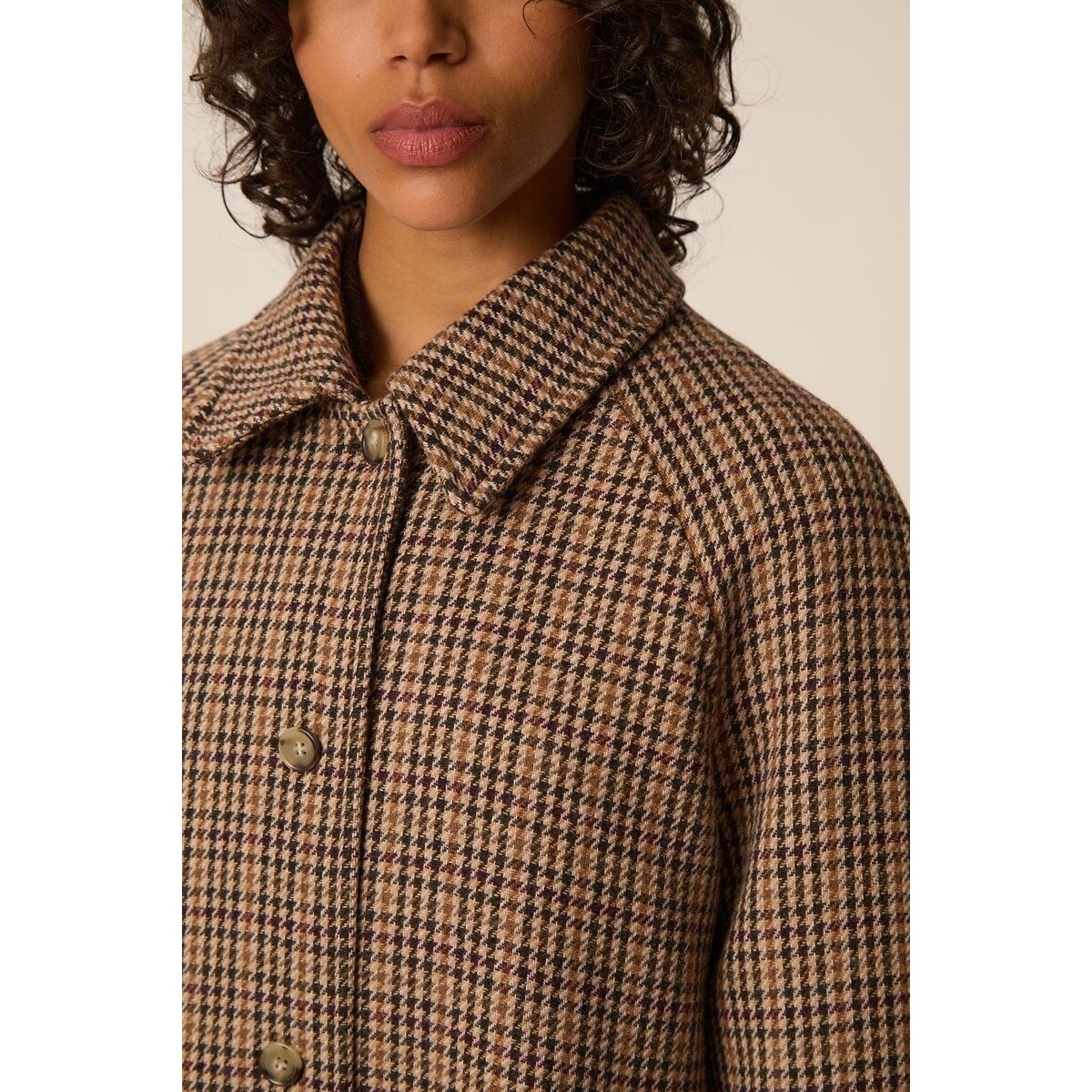 Yonique Checked Wool Blend Long Coat brown checks, DES PETITS HAUTS
