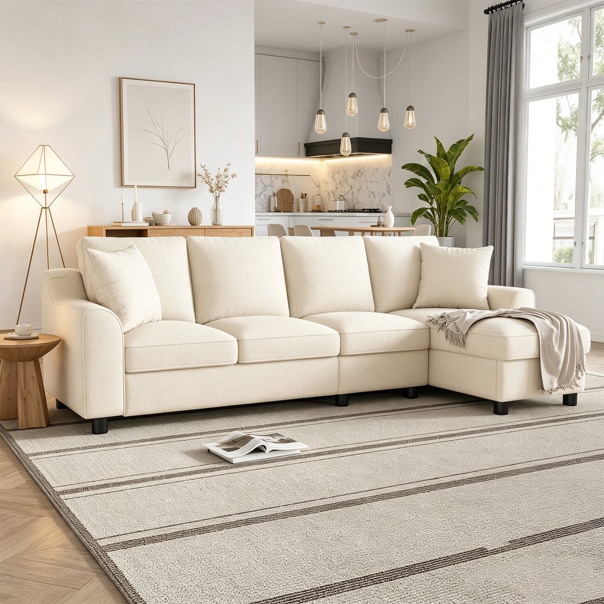 Canapé d'angle réversible coffre en chenille, VASEB beige, MEUBLES COSY