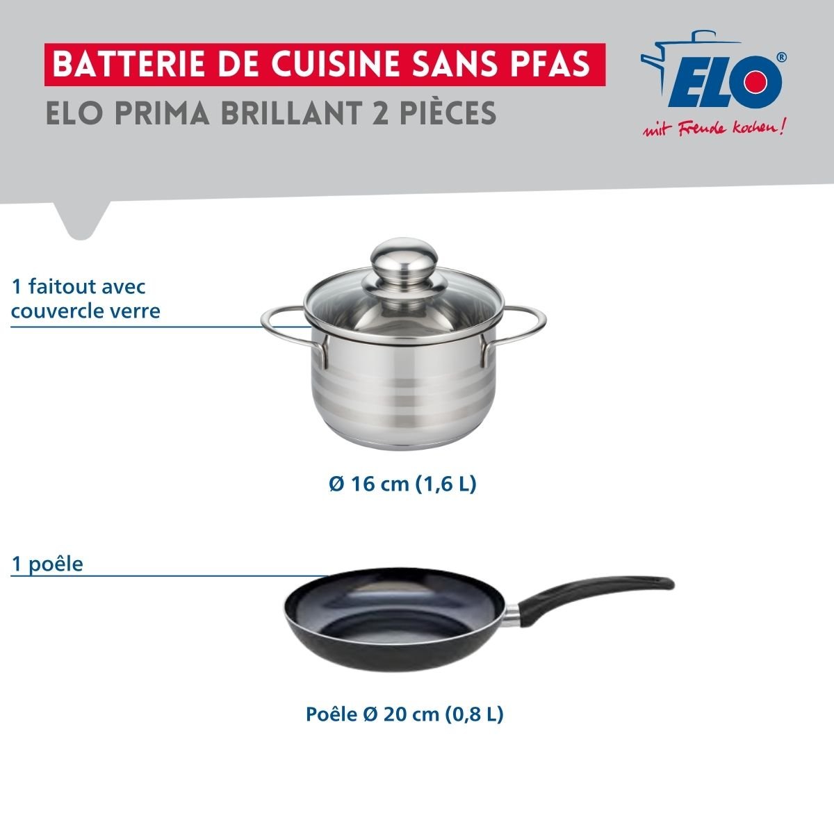 Batterie de cuisine 1 poêle 20cm + 1 faitout 16cm PRIMA BRILLANT noir, ELO