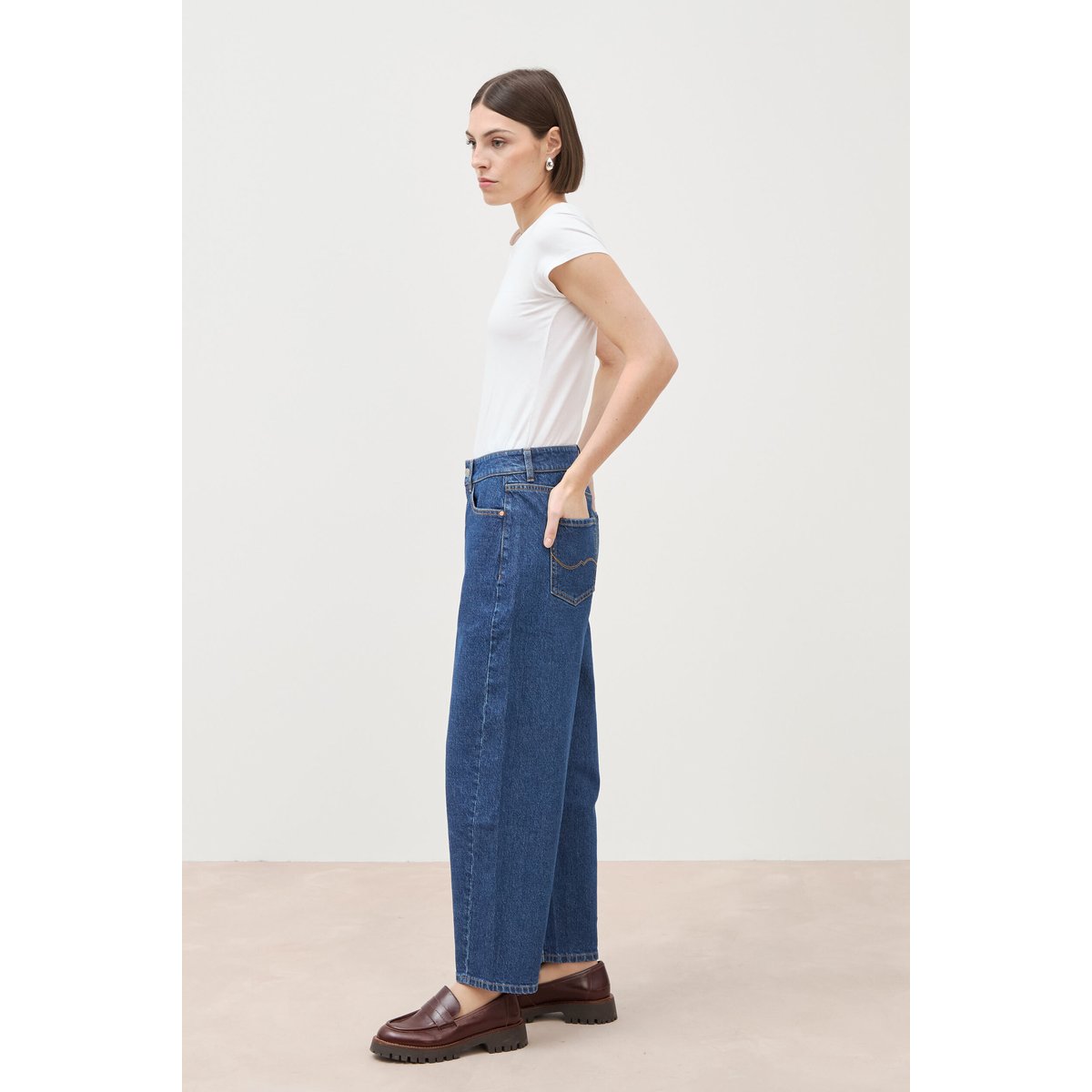 Jeans barrel taille haute 7/8ème denim brut, BONOBO