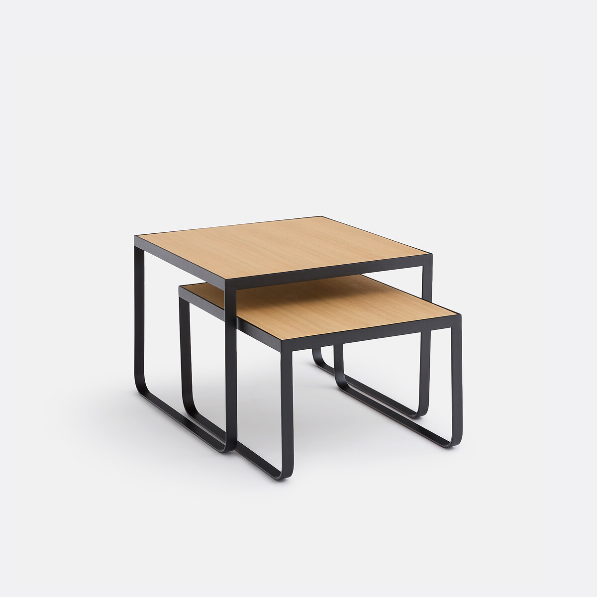Lot de 2 tables basses gigognes, en plaqué chêne et métal acier, BATHI métal noir/chêne, LA REDOUTE INTERIEURS