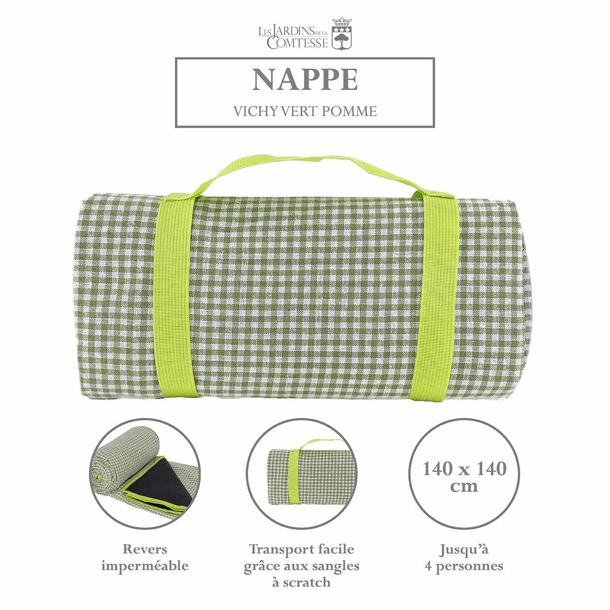 Nappe pique-nique à revers imperméable vichy vert pomme, LES JARDINS DE LA COMTESSE